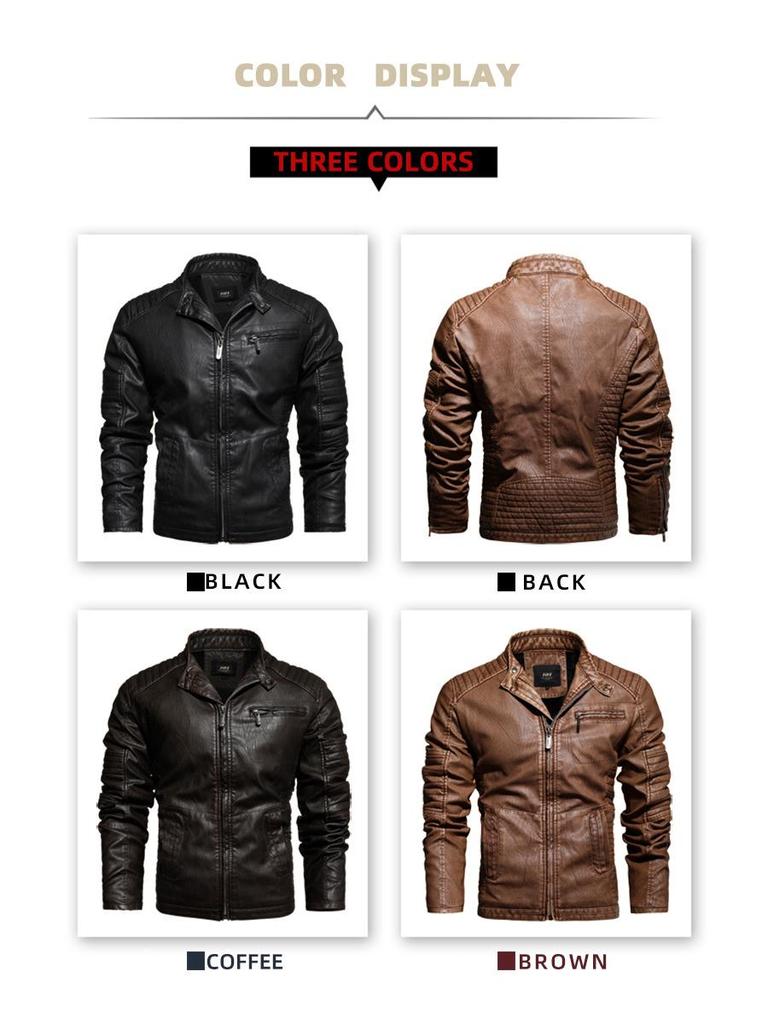 Jachetă de motociclist pentru bărbați, de iarnă, din piele PU, cu guler înalt, croială slim fit - Stil European & American
