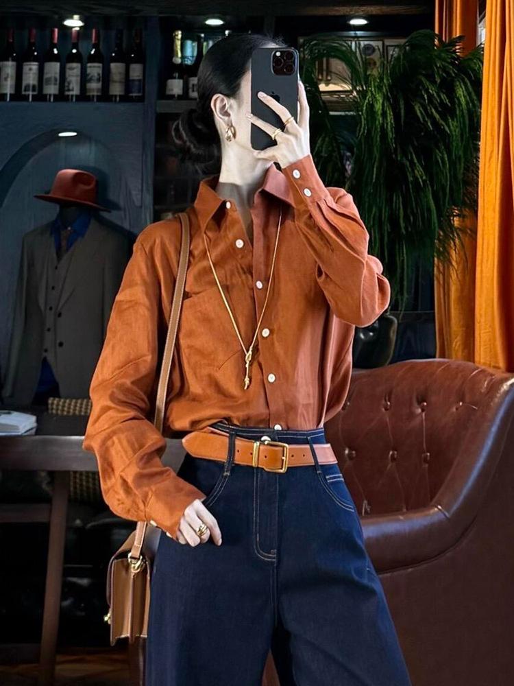 Retro Hong Kong Chic Women's Orange Long Sleeve Shirt - New Autumn Arrival