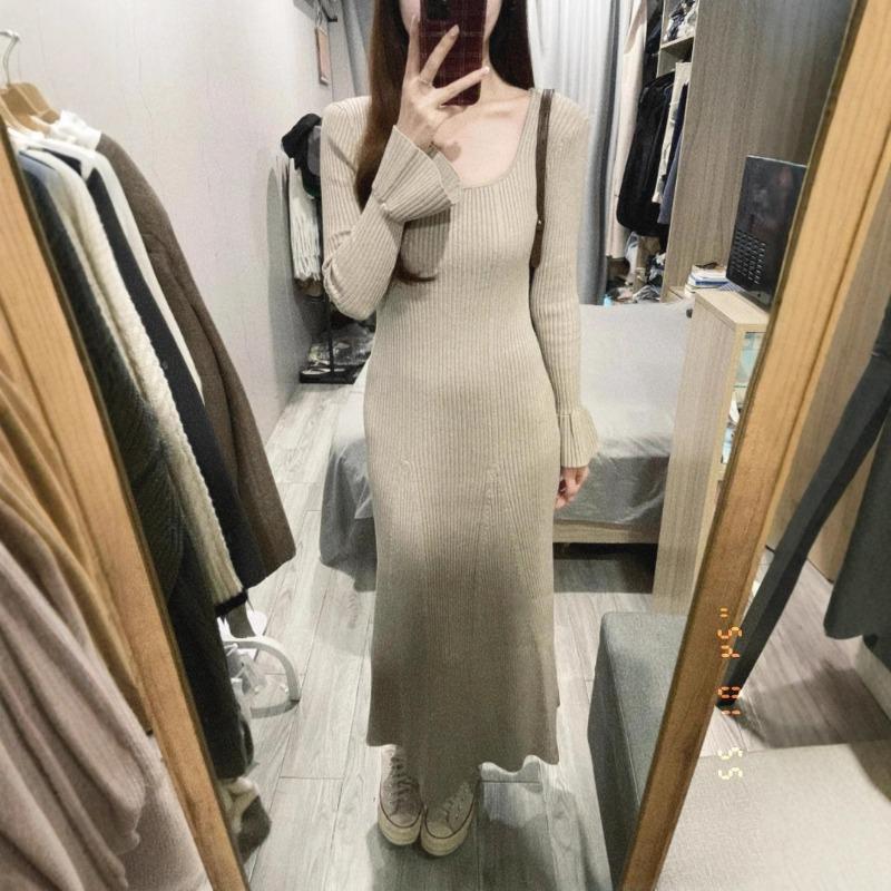 Square Collar Knitted Dress Women's Autumn and Winter High-end Temperament Imperial Sister Fan Slim-fitting Inside with Fishtail Skirt Sweater Skirt