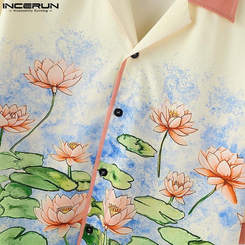INCERUN Oversized Men Stitching Casual Loose Short Sleeve Print Shirts Tops