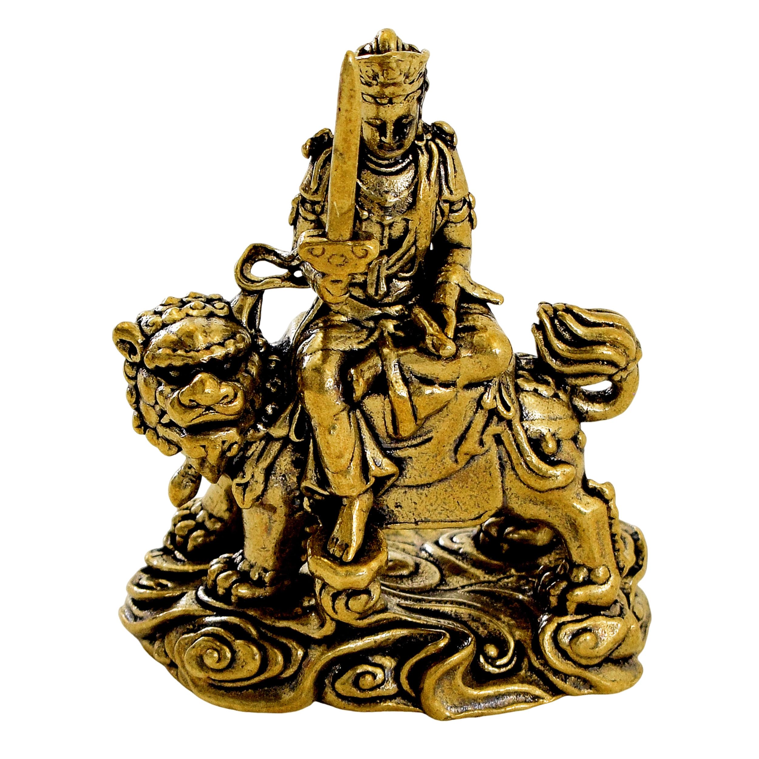 

Miniature Buddha Statue, Manjusri Bodhisattva Riding a Lion, 5cm, Brass, Seated Lion, Academic Success, Wisdom, Good Fortune, Financial Luck,