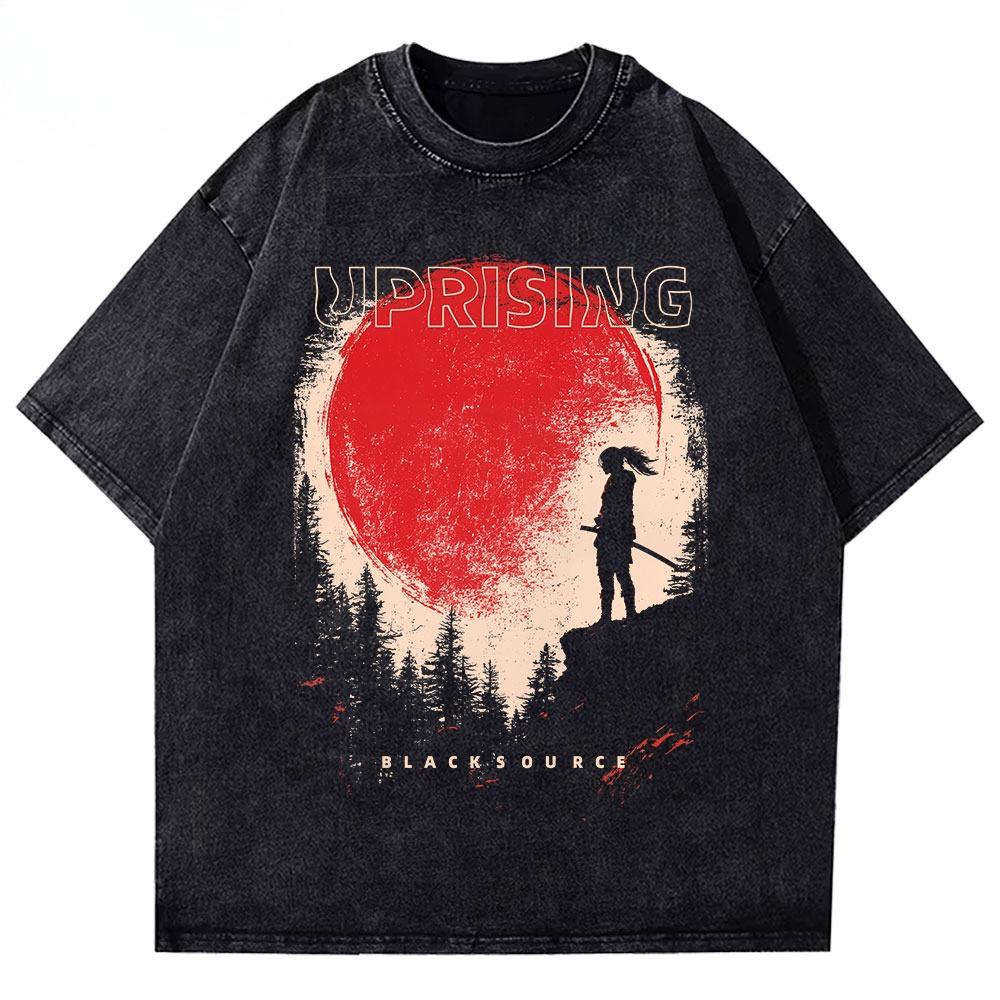 2026 Hot Retro Washed T-Shirt Japanese Samurai Sunset Silhouette Uprising Graphic Unisex Harajuku Streetwear Men Women Casual Short Sleeve Tee Top L