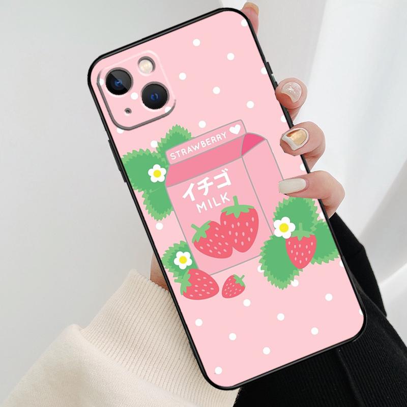 Kawaii Strawberry Milk Phone Case For iPhone 17 Pro Max 16 15 14 11 12 13 Pro Max mini 15 16 Plus 16e 17 Air Cover