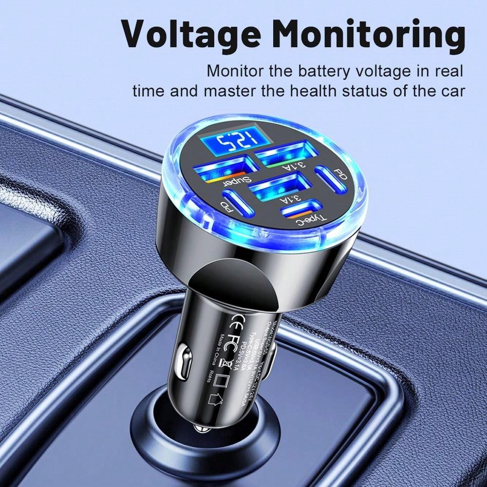 6-in-1 Car Charger with Digital Display, 150W Super Power Multiple Protection Car Adapter with PD and QC3.0 Fast Charging Technology