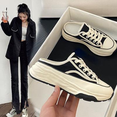 Women's Shoes Fashion Baotou Half Slippers 2024 Summer Wear New Style Muffin Casual Canvas Slippers