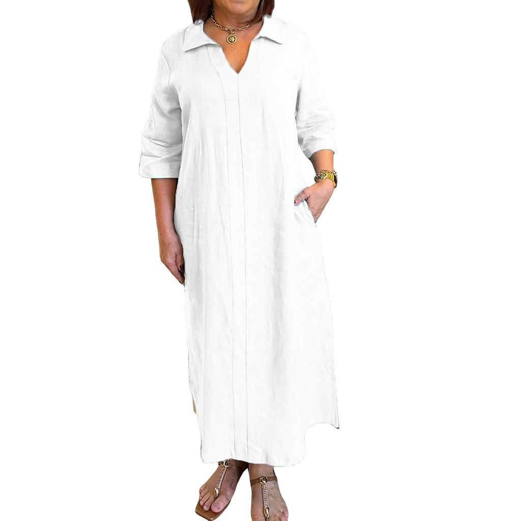 Women's Fashionable Loose-Fit V-Neck Casual Cotton-Linen Blend Shirt Dress