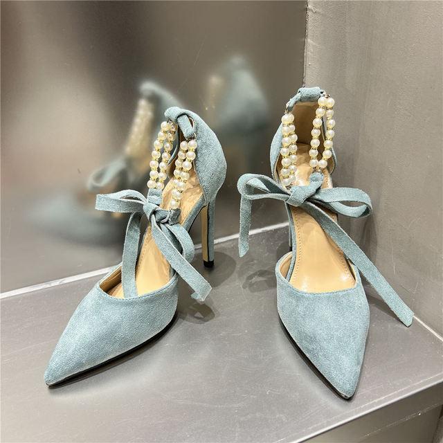 

Сексуальные вечерние женские туфли-лодочки на тонком высоком каблуке с жемчугом и бисером, украшенные острым носком, современные женские туфли с ремешком на щиколотке 9 зелёный