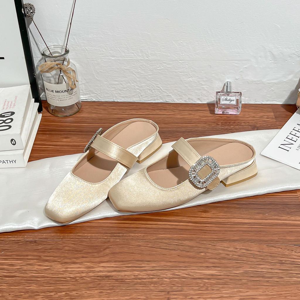 Grape Mother Sparkling Diamond Buckle Small Square Head Width Word with Commuting Versatile Low Heel Temperament Half Drag Women's Bag Head Lazy Shoes
