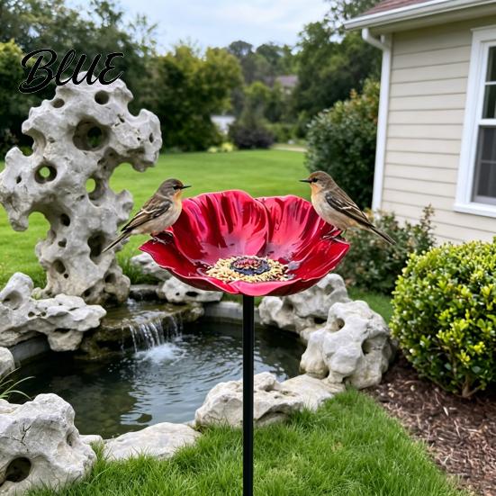 Handcrafted Garden Sculpture Handmade Metal Flower Stake Outdoor Bird Bath Bowl for Bees Butterflies Pollinator Watering Station Lawn Yard Decor