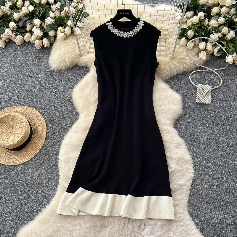 Summer Clothing Graceful Ladies Beads round Neck Sleeveless Slimming Knitted dress Women Fashionable Color Matching French style Sweater Dress