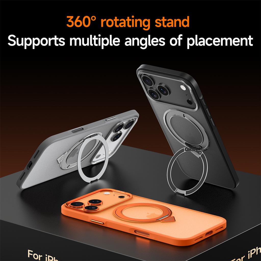 Magnetic Rotating Bracket Phone Case for IPhone 17 Pro Max 17 Air 17 Pro Frosted Transparent PC+TPU Ring Stand Back Cover