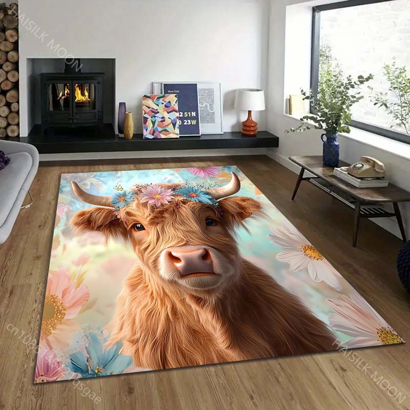 Multi-Size Highland Cattle Art Pattern Carpet for Living Room Bedroom Sofa Home Decor Non-slip Floor Mat Luxury Gift
