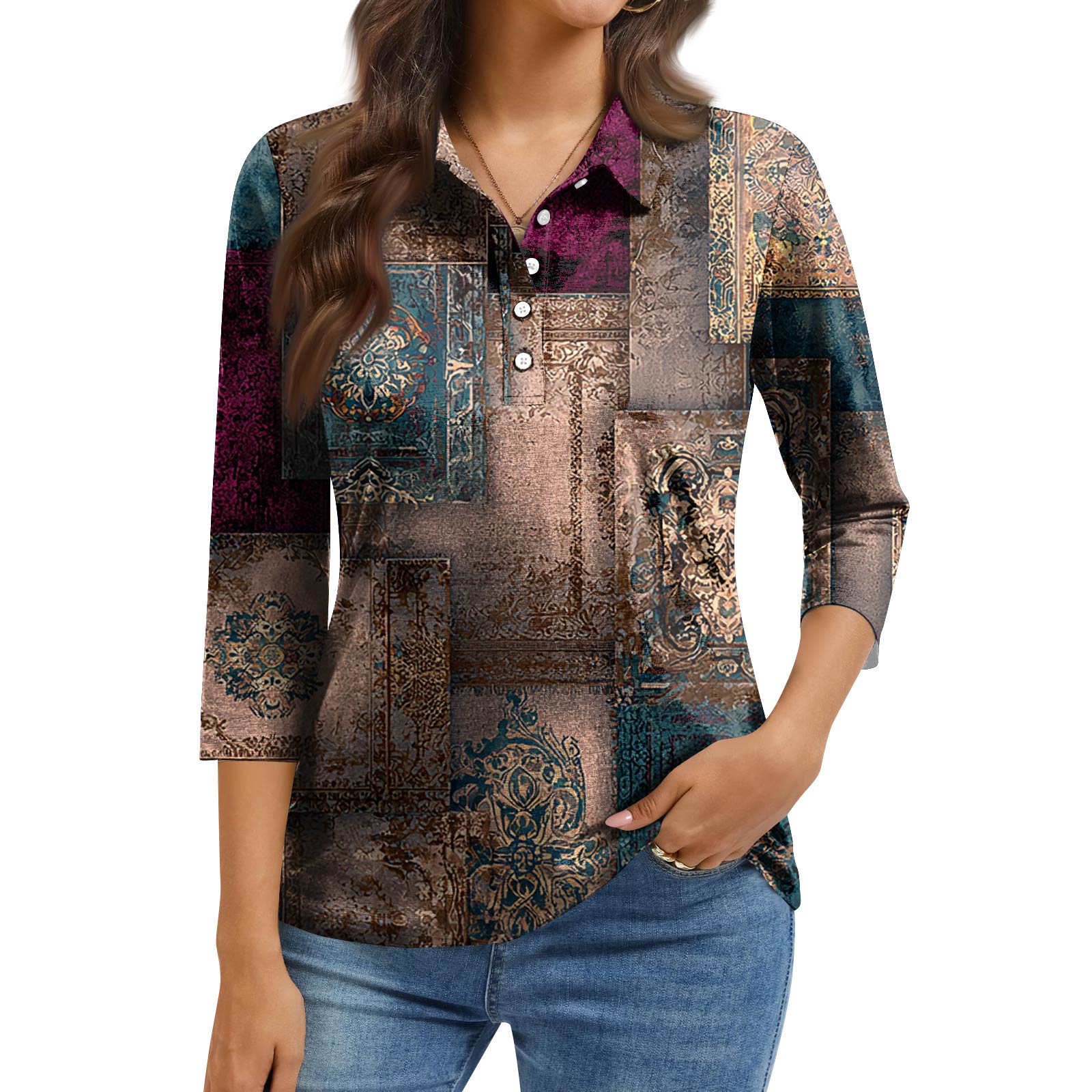 

Women s Fashion Casual Lapel Short 3/4 Sleeve Print Shirt Women s Button Up Tops XXL