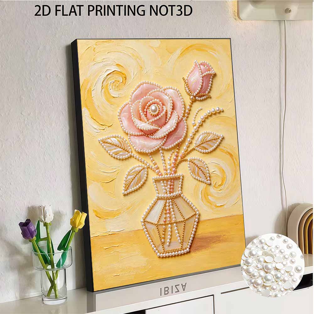 DIY Frameless Pearl Painting Kit Elegant Pink Rose Vase 3D Shiny Bead Art Canvas Relaxing Craft for Adults Home Wall Decor Gift