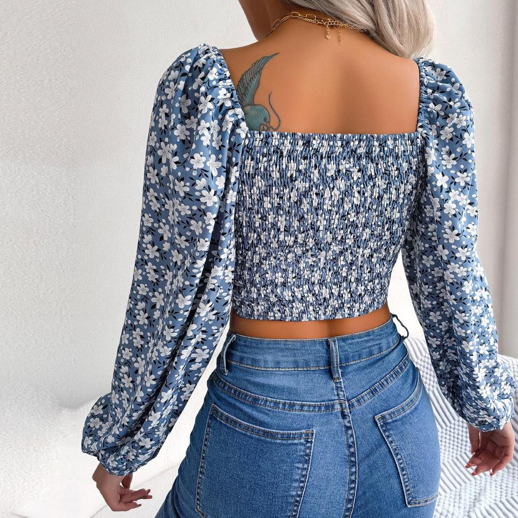 Women Floral Print Chiffon Blouse Fashion Vintage Square Collar Long Lanter Sleeve French Ins Spring Autumn Ruched Tops