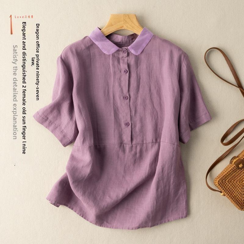 Solid Color Short-Sleeve Pullover Linen Shirt for Women, Vintage Hong Kong Style Cotton-Linen Blouse, 2026 Spring/Summer New Arrival