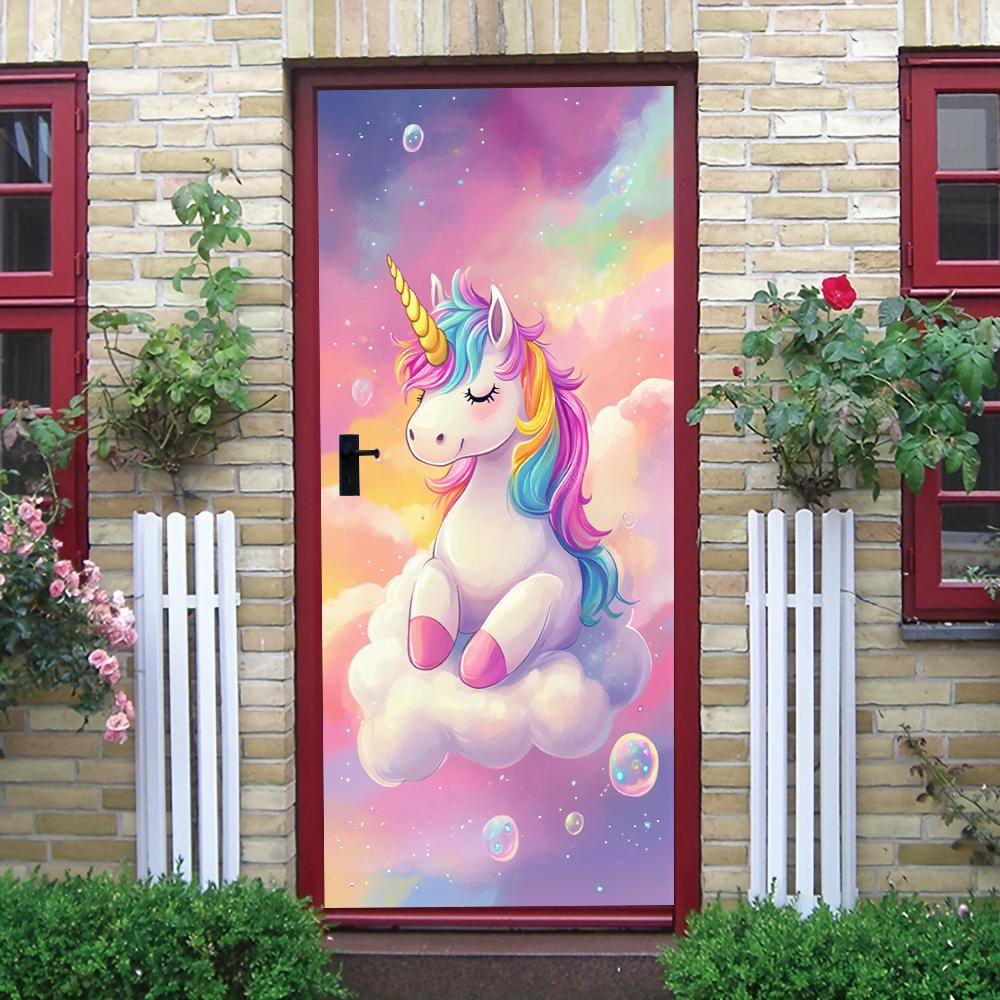 1pcs Rainbow Unicorn Cartoon Door Stickers, Children's Room Bedroom Decoration Stickers, Cute Animal Wall Stickers, Self Adhesiv
