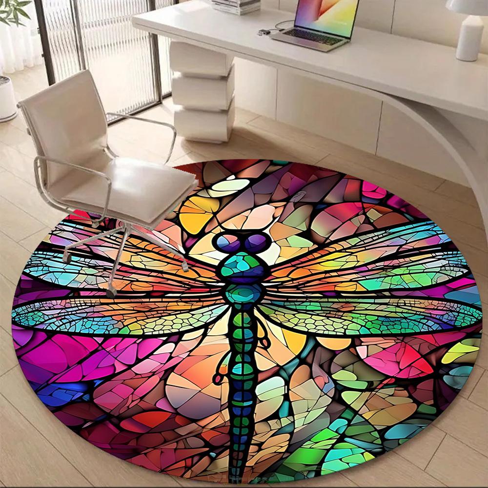 1PC Stained Glass Dragonfly Office Round Area Rug, Mat Suitable ForOffice, Under Office Chairs Bedroom Living Room Home Decor, Room Deco