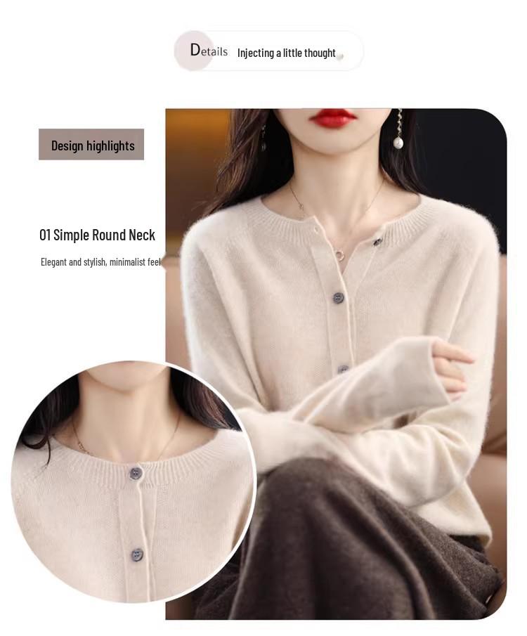 Women's 100% Pure Wool Round Neck Cardigan - Loose, Fashionable, Versatile Spring Knit Sweater.