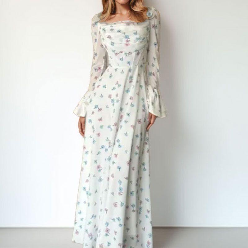 

Floral Dress Summer European and American Women clothes Temperament Elegant Floral Long dress Pleat Waist Hugging Bell Sleeve Dress Picture Color 3XL