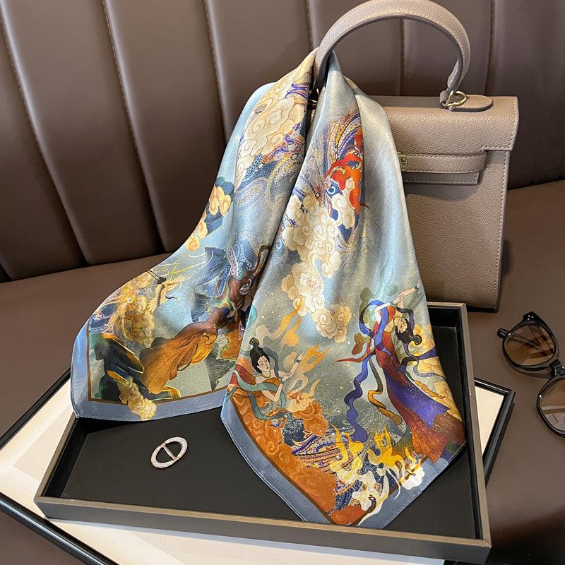 Blue Cherry Blossom Chessboard Mulberry Silk Scarf Female Simulation Silk Scarf Decorative Scarf Mom Shawl 70Cm Square Scarf
