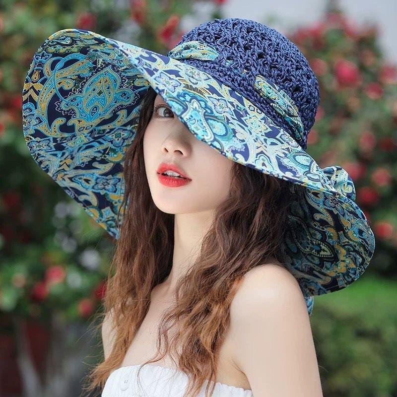 Ethnic style double-sided bucket hat women's big edge Internet celebrity versatile summer hat women's sun protection hat sun hat spring and autumn