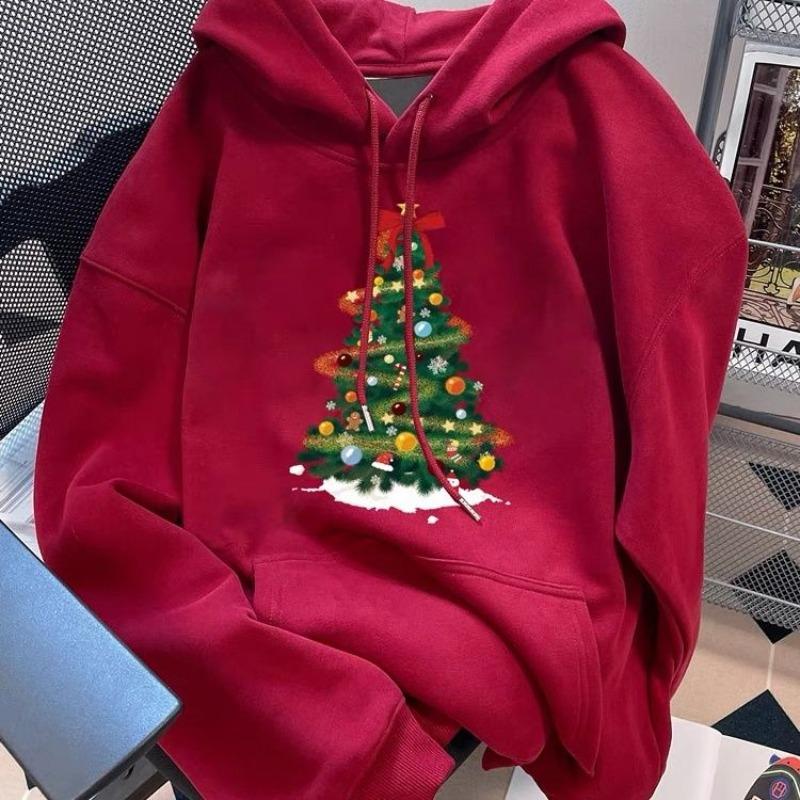 Christmas Tree Printed Women's Hoodie Hooded Long Sleeved Crew Neck Couple Hoodie Casual Pocket Loose Pullover Woman Top