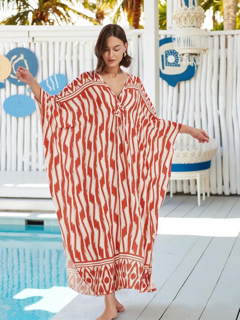Evropské a americké viskózové potiskové plážové zakrývací šaty - Dlouhé, volné kimono k bikinám a plavkám pro ženy