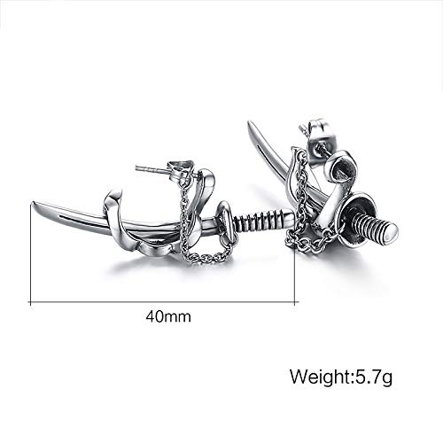 Rockyu Jewelry Brand Men's Earring Set, Popular Titanium Earrings, Silver Sword Hoop Chain Stud Earrings, Unique Religious Gift (Sword)