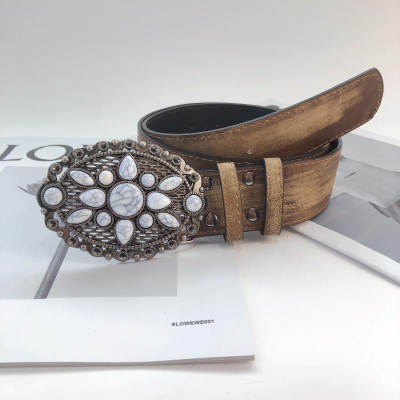 NEW Vintage White Stone Buckle Belt Engraved Flower Belt Embossed Leather Belt Boho Western Belt Jeans Belt