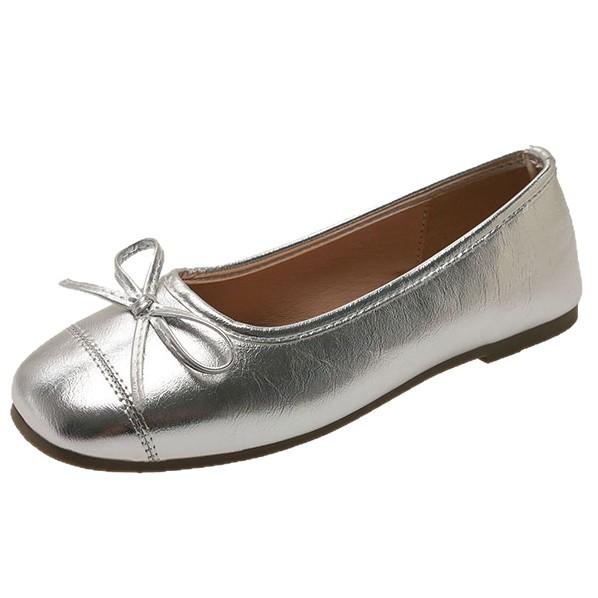 Bow square head flat sole shoes women's summer 2025 new retro versatile silver light mouth gentle beanie shoes