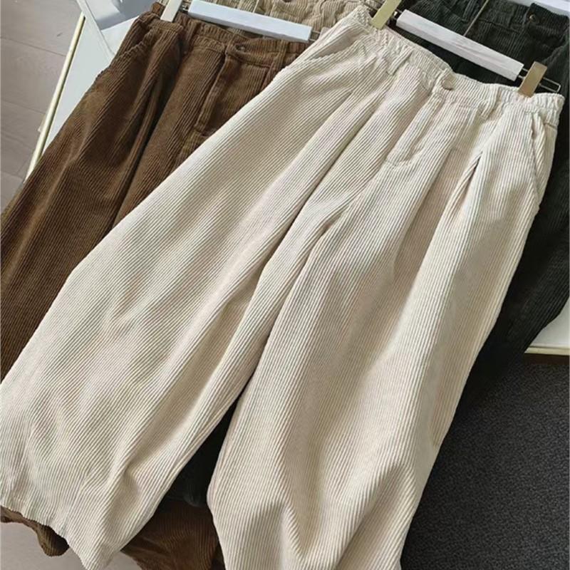 Johnature Einfache Damen Frühling Herbst Lockere Cordhosen Lässig Weitbein Gerade Elastische Taille Hose