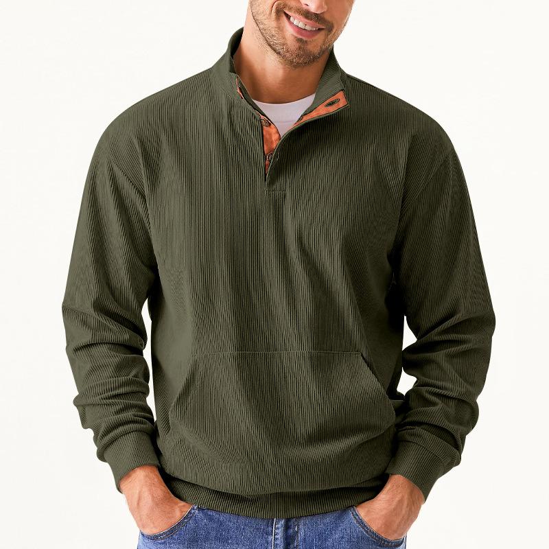 Autumn Men's Casual Stand-Collar Long-Sleeved Corduroy Sweatshirt with Pockets