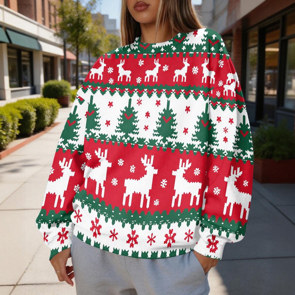 Women's Trendy Christmas Print Crewneck Sweatshirt Lightweight Casual Pullover Top