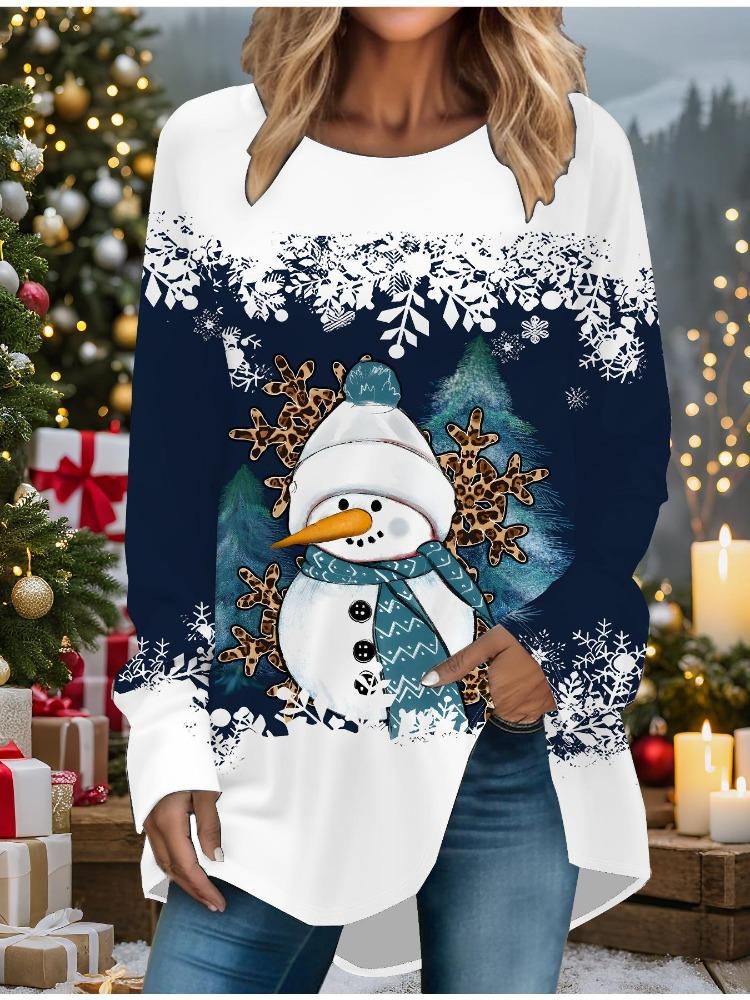 

Spring Snowman Printed Plus Size T-shirt Women Long Sleeve Round Neck Casual Comfy Baggy Mid Length Tee Tops 8XL синій