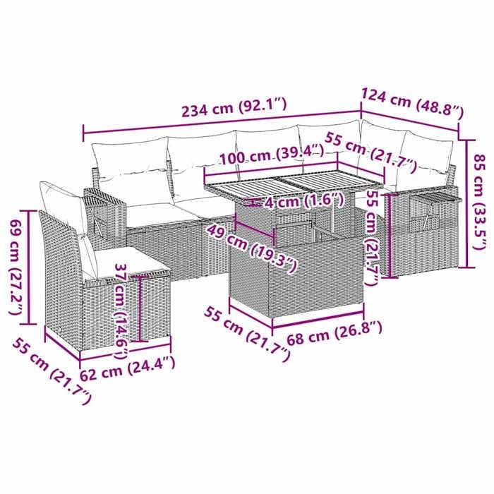 VidaXL Garden Lounge Set 7 Pcs with Cushions Black Wicker 3327156