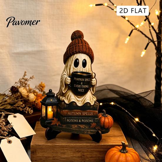 Fall Fireplace Decorations Halloween Reading Ghost Figurine, Wooden Desktop Ornaments, Vintage Spooky Shelf Accents Statue with Stand for Home