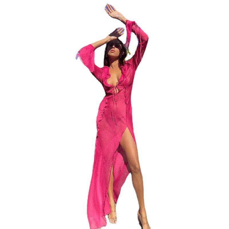 

Прозрачное платье с V-образным вырезом и разрезом Модное сексуальное прозрачное платье на завязках с V-образным вырезом и разрезом pink L