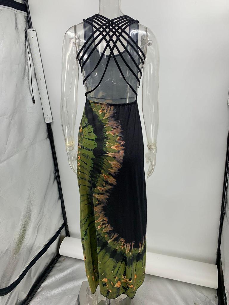 2025 Summer European & American Women's Printed Strap Backless Dress