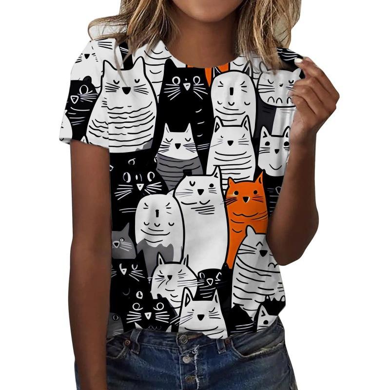 New Cute Cat T-shirt Animal Cat 3D Printed Women's Summer Round Neck Short sleeved T-shirt Harajuku T-shirt Women's Clothing