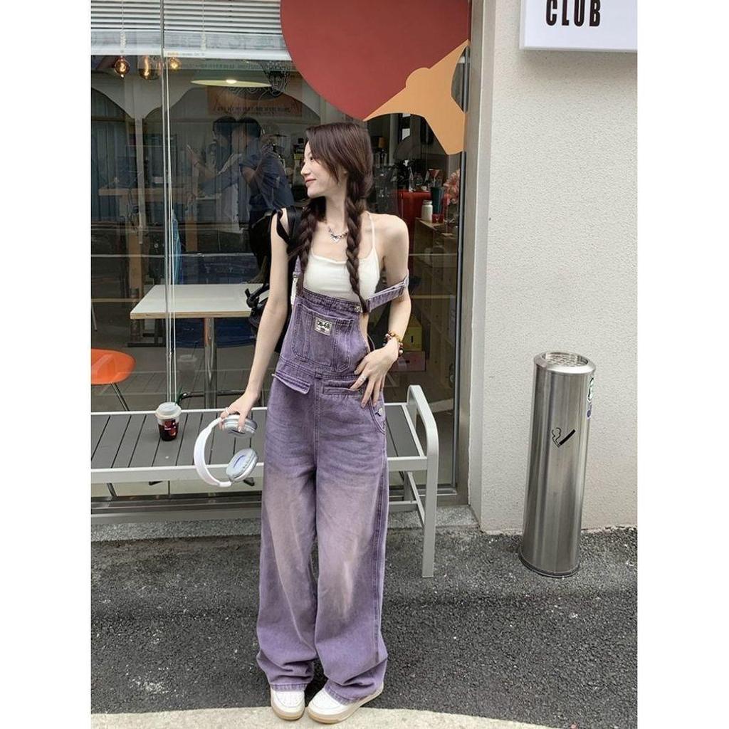 Women's Retro Purple High-Waist Denim Overalls - Slimming, Loose, Wide-Leg Jumpsuit for Spring & Summer