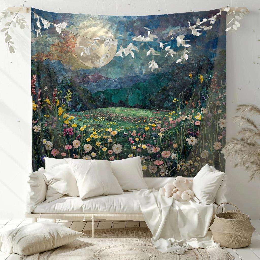 Arazzo Notte Lunare Atmosferica Pelle di Pesca Stampa Piatta 2D Appeso a Parete Scenografia Prato di Fiori Selvatici Mosaico Decorazione per Soggiorno