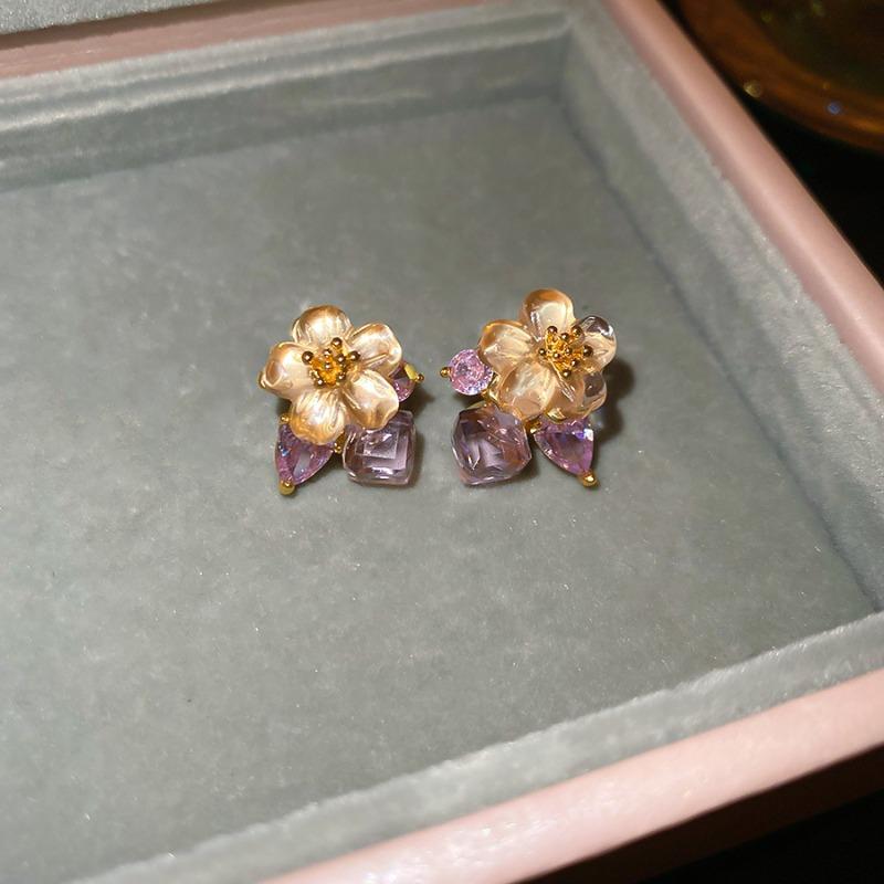 Monet Garden~ Dopamine Crystal Flower Stud Earrings Sweet Small Fresh Delicate Earrings Light Luxury Premium Earrings