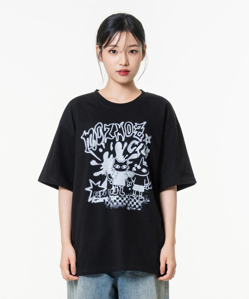 MOZMOZ Friendship Oversized Graphic Short Sleeve T-Shirt Black