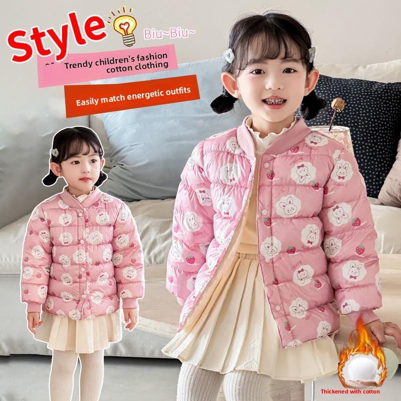 winter baby girl thicken short cotton-padded V-neck jacket Girls' warm cotton-padded clothes foreign style children's autumn cute cartoon print coats