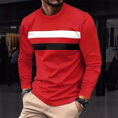 Round Neck 3D Stripe Printed Top Casual Long Sleeved Men's T-shirts - Soft Medium Stretch Polyester Fabric Spring and Autumn Relaxed Fit Clothing