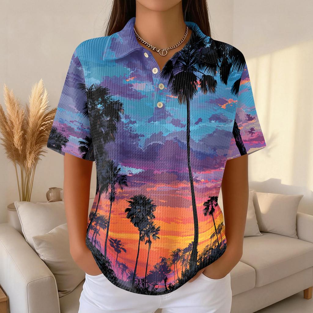 Women Casual Short Sleeve Hawaiian Print Waffle Knit Polo Shirt Lightweight Breathable Summer Top with Button Down Collar