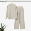 ZANZEA Women Long Sleeve Button Blouse and Pants Casual Two Piece Suit Sets