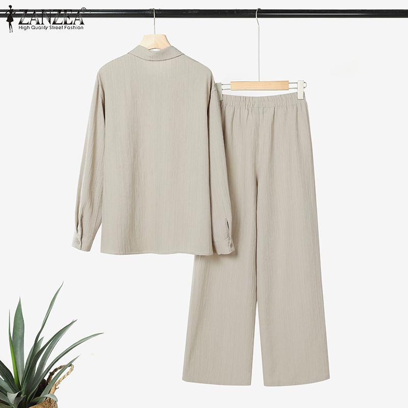 ZANZEA Women Long Sleeve Button Blouse and Pants Casual Two Piece Suit Sets