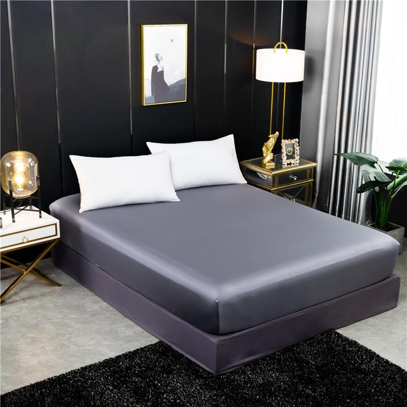 Natural Silk Fitted Sheet Luxury Solid Color Mattress Cover Double Queen Size Elastic Band Bed Sheet 160x200 180X200 Fit Sheet